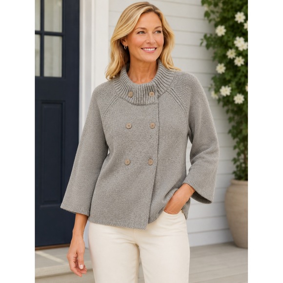 Talbots Sweaters - Talbots Wool Cashmere Double Breasted Funnel Neck Cardigan Sweater Gray- XL